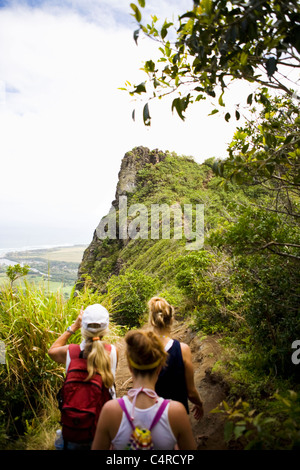 Three women on on Nounou Mountain hiking trail, Kauai, Hawaii, USA