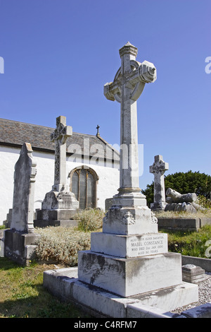 Celtic style crosses in the church yard of the parish church of Llandrillo near Colwyn Bay in North Wales Stock Photo