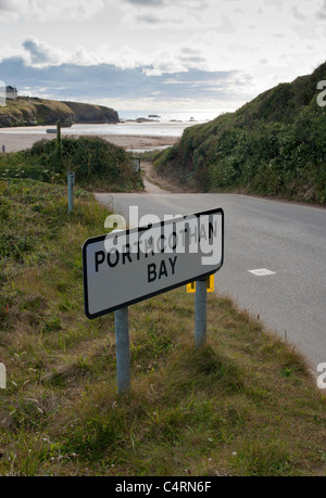 Porthcothan Bay near St Merryn and Padstow Cornwall England sign with views beyond to the beach and sea Stock Photo