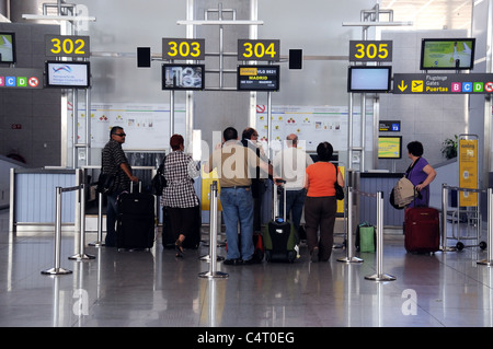 Terminal three check in desks, Malaga Airport, Malaga, Costa del Sol, Malaga Province, Andalucia, Spain, Western Europe. Stock Photo