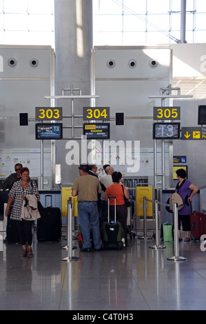 Terminal three check in desks, Malaga Airport, Malaga, Costa del Sol, Malaga Province, Andalucia, Spain, Western Europe. Stock Photo