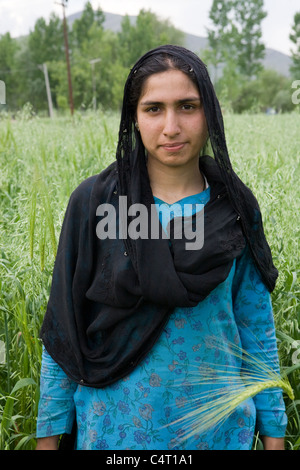 Kashmiri woman stands in grass fields near Manasbal Lake, in the state of Jammu & Kashmir, India Stock Photo