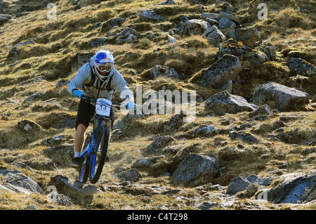 Red Bull sponsored professional trials bike rider Danny MacAskill races his mountain bike at a downhill event in Scotland Stock Photo