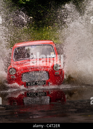 Renovated classic car 1959 Ford Anglia 100E going through water ford Stock Photo