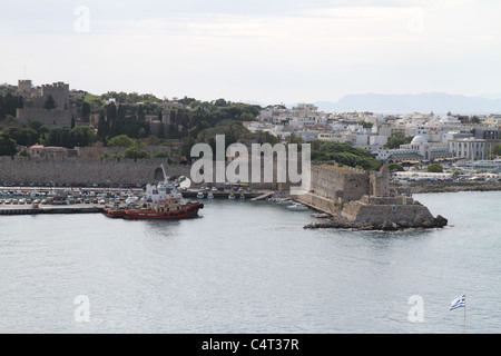 Aerial view of Rhodes, Greece.  Remnants of the old medieval wall and towers. Stock Photo