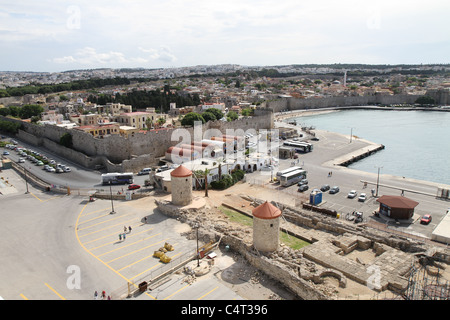 Aerial view of Rhodes, Greece.  Remnants of the old medieval wall and towers. Stock Photo