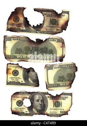 100 dollar bills burned financial loss recession depression risk Stock Photo