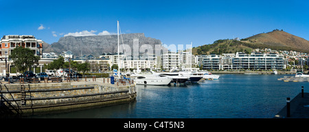 Yachts and apartments and Table Mountain panoramic view from V&A Waterfront in Cape Town South Africa