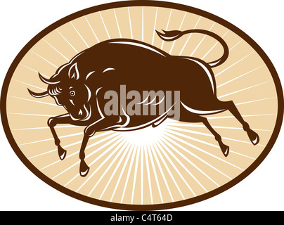 illustration of a Texas Longhorn Bull attacking viewed from side set inside an ellipse done in retro style. Stock Photo