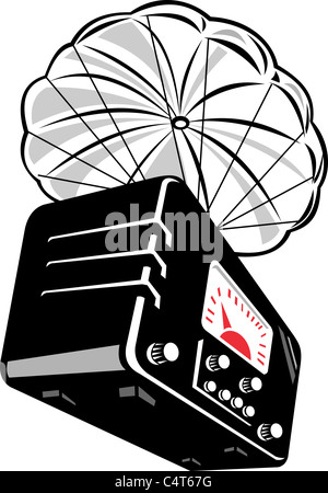 illustration of a vintage radio with parachute isolated on white done in retro style Stock Photo