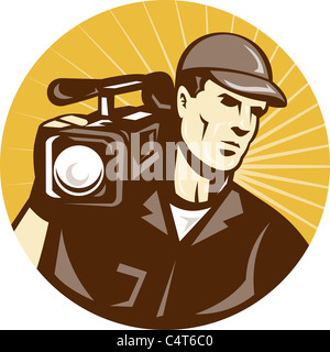 illustration of a cameraman film crew shooting with video movie camera set inside circle done in retro style Stock Photo