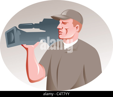 illustration of a cameraman film crew shooting with video movie camera set inside oval done in retro style Stock Photo