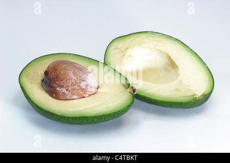 Avocado (Persea americana). Halved fruit with kernel. Studio shot against a white background. Stock Photo