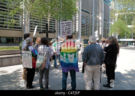 A protest for Bradley Manning (leaked Iraq info to Wikileaks in 2010) outside the Home Office, Marsham Street, London. Stock Photo