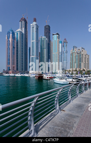The Dubai Marina with high rise buildings and boats in Dubai, UAE, Persian Gulf. Stock Photo