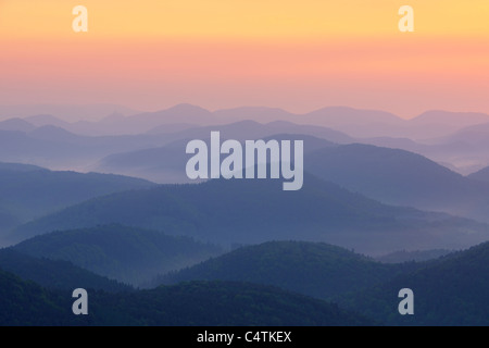 Sunrise over Mountains, Nothweiler, Pfalzerwald, Rhineland-Palatinate, Germany Stock Photo
