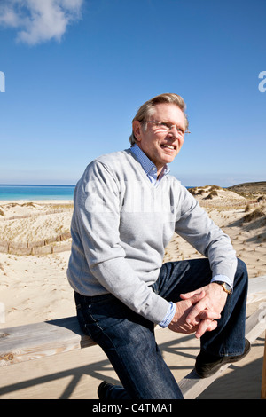 Man on Boardwalk, Cala Ratjada, Mallorca, Balearic Islands, Spain Stock Photo