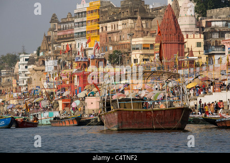 Varanasi (Banaras) is situated on the banks of the River Ganges is a holy city regarded by Hindus, Buddhists and Jains. Stock Photo