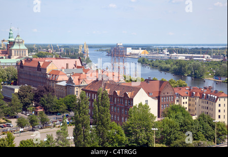 view over Szczecin towards port and Waly Chrobrego, Poland Stock Photo
