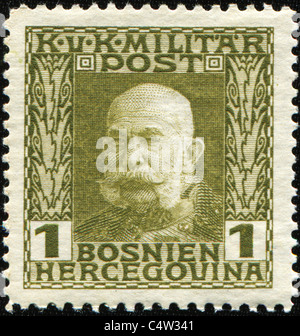 BOSNIA AND HERCOGOVINA - CIRCA 1915: A stamp printed in Bosnia and Hercegovina shows Franz Joseph I of Austria, circa 1915 Stock Photo