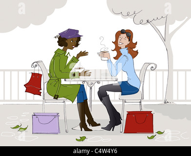 Illustration of Two Women Having Coffee at a Cafe Stock Photo