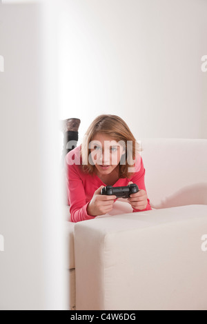 Teenage Girl Playing Video Games, Mannheim, Baden-Wurttemberg, Germany Stock Photo