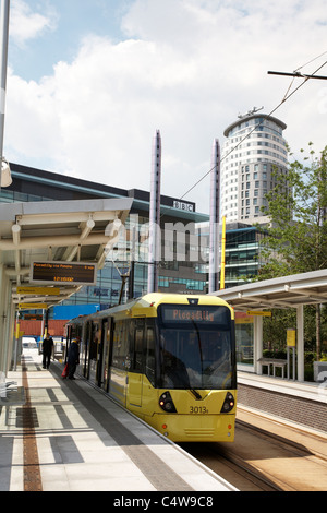 Sign at Metrolink tram station at MediaCityUK, Salford Quays ...