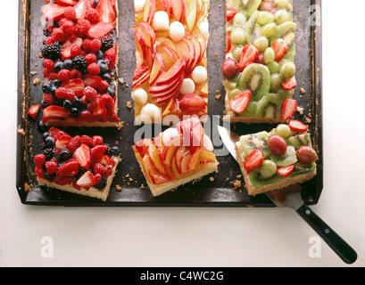 Different kinds of baking tray -  fruitcake with vanilla pudding and fruits Stock Photo