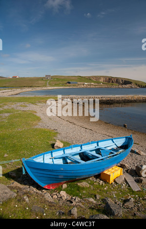 Blue rowing boat hauled ashore at Booth of Tofts Voe Shetland Isles. SCO 7281 Stock Photo