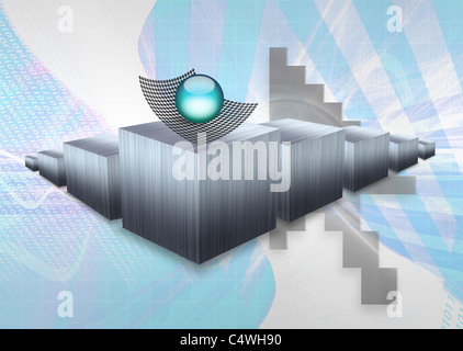 A metallic 3D bar chart montage with a glossy 3D orb and binary code along with a large mouse pointer arrow in the background. Stock Photo