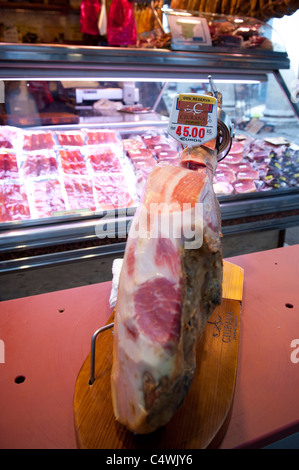 Traditional Spanish ham Shop at 'La Boqueria' market in las Ramblas of Barcelona, Spain Stock Photo