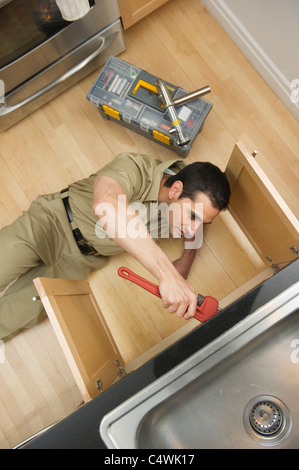 USA,New Jersey,Jersey City,plumber fixing sink,view from above Stock Photo