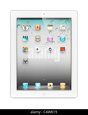 White Apple iPad 2 tablet computer with desktop icons on its display. Isolated with clipping path on white background. Stock Photo