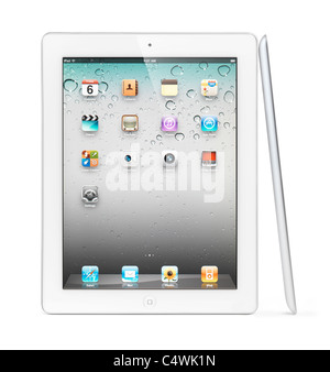 White Apple iPad 2 tablet computer with desktop icons on its display. Isolated with clipping path on white background. Stock Photo