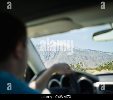 USA, California, Palm Springs, Coachella Valley, San Gorgonio Pass, Close up of man inside car Stock Photo