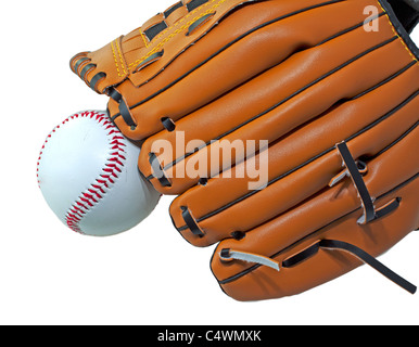 A baseball near a baseball glove over white background Stock Photo