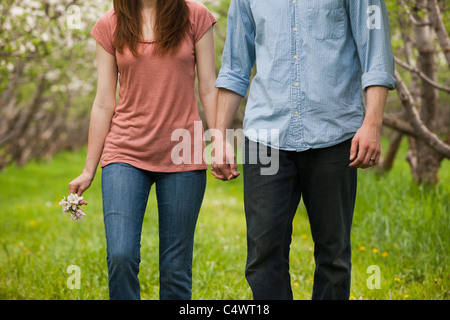USA, Utah, Provo, Young couple walking through orchard