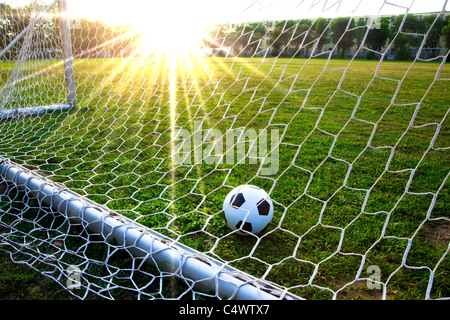 a soccer ball in a grass field and goal Stock Photo