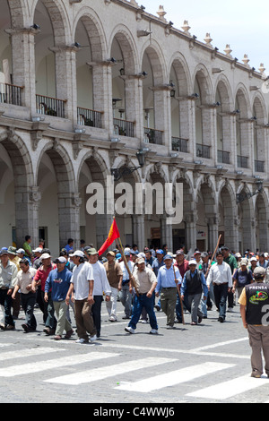 Demonstration by construction workers against the local government in Plaza de Armas, Arequipa, Peru Stock Photo