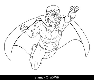Monochrome illustration of a super hero man dressed costume with cape flying through the air Stock Photo