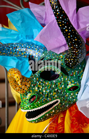 Ponce Puerto Rico Carnival vejigantes demon masks and sign for the annual festival Stock Photo