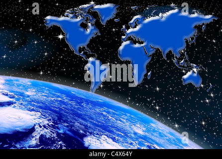planet earth world map and aerial view of the space against the backdrop of night sky Stock Photo
