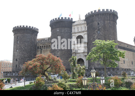 Castel Nuovo in Naples, Italy, the main symbol of the city's architecture. It has been expanded and renovated several times. Stock Photo