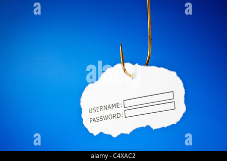 Username and Password on a fishing hook. Conceptual image about the risk of internet identity theft, also known as Phishing. Stock Photo