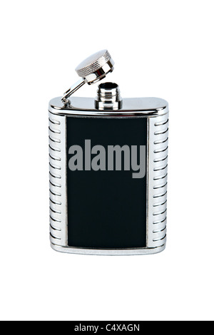 Silver and Black Hip-flask Isolated on White Background Stock Photo