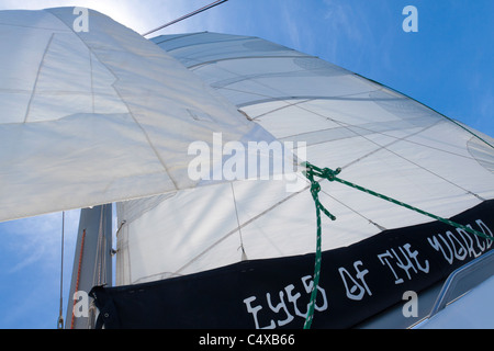 Looking up at sheets of the mainsail and genoa of a sailboat while out sailing Stock Photo