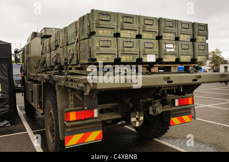 Boxes (inert) for Javelin FGM-148 anti-tank missiles on back of a flat-bed lorry. Stock Photo