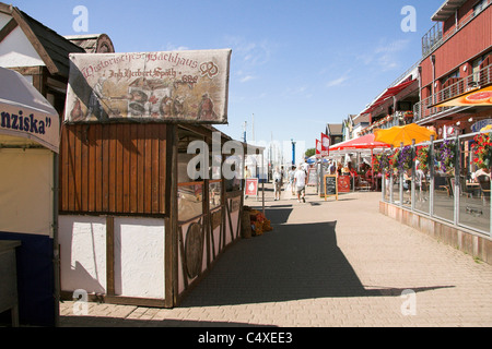 Fish market stall in the Alter Strom, Old Channel, Warnemunde, Germany Stock Photo