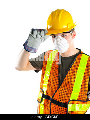 Male construction worker wearing safety protective gear Stock Photo