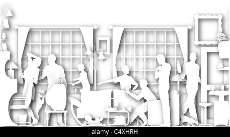 Illustrated cutouts of a family gathering in a living room with drop shadows Stock Photo